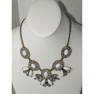 Gold Tone Clear Rhinestone White Cabochon Vintage Look Statement Necklace